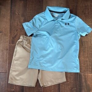 Under Armour Boys' Aqua Polo Shirt and Tan shorts Golf